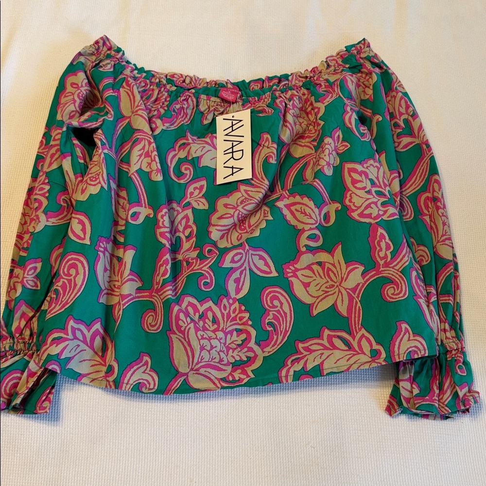 Flying Tomato Avara Mara Green - Pink Floral Off Shoulder Women's Top Small NWT